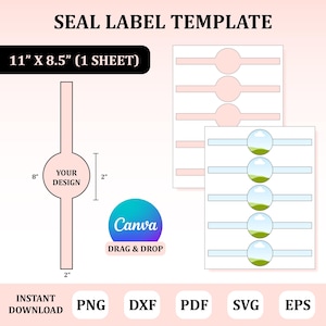 May include: A seal label template with the text "SEAL LABEL TEMPLATE" at the top. The design includes a pink label with dimensions of 20.3 cm x 5.1 cm and a circular area for a design. The image also shows other label designs and Canva's logo.