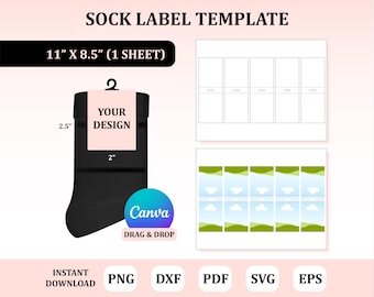 Könnte beinhalten: Eine schwarze Sockenetikettenvorlage mit dem Text "SOCK LABEL TEMPLATE" und "11" X 8.5" (1 SHEET)". Das Design umfasst eine schwarze Socke mit einem Etikett mit der Aufschrift "YOUR DESIGN". Das Bild enthält auch den Text "Canva DRAG & DROP" und "INSTANT DOWNLOAD".