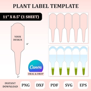 Pode incluir: Modelo de etiqueta de planta com o texto "PLANT LABEL TEMPLATE". O modelo inclui um design de etiqueta de planta com 20 cm de altura e 5 cm de largura. O modelo tem 28 cm x 22 cm (1 FOLHA). Download instantâneo em PNG, DXF, PDF, SVG e EPS.