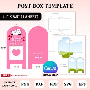 May include: Pink post box template with the text "Love Post Box" and a heart design. The template is 11" x 8.5" and includes instructions for assembly. The design is available for instant download.