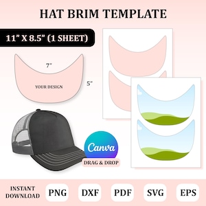May include: A black trucker hat with a mesh back is displayed next to hat brim templates. The templates include a pink brim with the text "YOUR DESIGN" and a blue brim with a landscape design. The image also includes the text "HAT BRIM TEMPLATE".