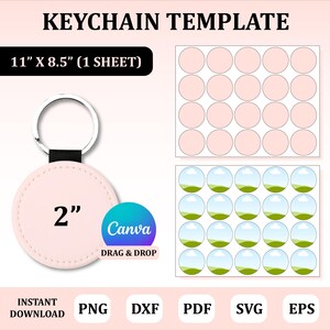 Può includere: Un modello di portachiavi rosa con un cerchio di 5 cm di diametro per la personalizzazione. Il modello è progettato per essere utilizzato con la funzione trascina e rilascia di Canva. L'immagine mostra anche un foglio di 36 cerchi, ognuno di 5 cm di diametro, disposti in una griglia. Il foglio misura 28 cm per 21,5 cm.