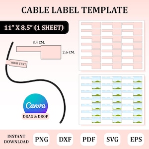 Può includere: Modello di etichetta per cavi stampabile di 11 pollici per 8,5 pollici. Il modello include etichette di 2,6 cm per 8,4 cm con uno spazio vuoto per il testo e un logo Canva. Il modello è disponibile nei formati PNG, DXF, PDF, SVG ed EPS.