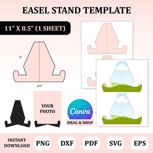 Può includere: Un modello di cavalletto con dimensioni di 27,9 cm x 21,6 cm (1 foglio). Il design presenta un ritaglio rosa con misure, una silhouette nera e il logo Canva. Vengono visualizzate anche le opzioni del tipo di file.