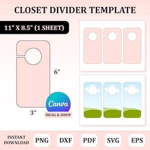 Op de afbeelding: Een sjabloon voor kastverdelers, met een roze ontwerp met afmetingen van 7.6 cm x 15.2 cm. De sjabloon bevat de tekst "CLOSET DIVIDER TEMPLATE" en "11" X 8.5" (1 SHEET)". Het bevat ook het Canva-logo en de woorden "DRAG & DROP".
