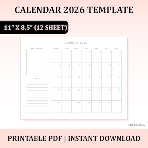 Calendar 2026 Template, 2026 Monthly Calendar, Printable Calendar 2026, Calendar with Note, Calendar Template, Printable PDF