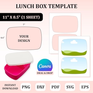 Może przedstawiać: Szablon projektu pudełka na lunch, z różowym prostokątnym pojemnikiem i białą pokrywką. Obszar projektu ma wymiary 17,8 cm na 11,7 cm. Obraz zawiera tekst "LUNCH BOX TEMPLATE", "YOUR DESIGN" i "Canva DRAG & DROP".