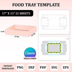 Könnte beinhalten: Eine druckbare Lebensmitteltablett-Vorlage für ein Tablett von 17 Zoll mal 11 Zoll. Die Vorlage zeigt das Tablett gefaltet und entfaltet mit Maßen in Zentimetern. Der Text "Canva Drag & Drop" ist im Bild sichtbar. Die Vorlage ist in den Formaten PNG, DXF, PDF, SVG und EPS verfügbar.
