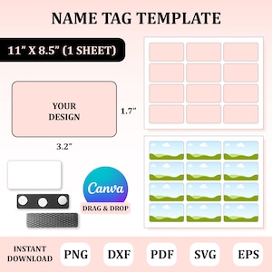 Puede incluir: Una plantilla de etiqueta de nombre imprimible con fondo rosa. La plantilla incluye 12 etiquetas de nombre, cada una mide 1,7 pulgadas por 3,2 pulgadas. La plantilla está diseñada para imprimirse en una hoja de papel de 11 pulgadas por 8,5 pulgadas. La plantilla incluye el texto "NAME TAG TEMPLATE" y "YOUR DESIGN".