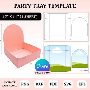 Puede incluir: Una plantilla rosa para bandeja de fiesta, de 43 cm x 28 cm (1 hoja). El diseño incluye una parte trasera de 18 cm de alto y laterales de 15 cm. El logotipo de Canva es visible, junto con el texto "Drag & Drop". Los tipos de archivo son PNG, DXF, PDF, SVG y EPS.