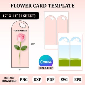 Könnte beinhalten: Eine Blumenvorlage mit dem Text "FLOWER CARD TEMPLATE". Die Vorlage ist 43 cm x 28 cm groß und enthält einen Designbereich für eine Blume mit den Maßen 13 cm x 34 cm. Das Design enthält den Text "YOUR DESIGN" und das Canva-Logo.
