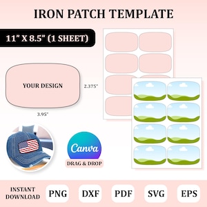 May include: A digital template for iron-on patches, featuring a blank patch design with the text "YOUR DESIGN" and a sheet of 8 smaller patches with a landscape design. The template is 11 inches by 8.5 inches and is designed to be used with Canva.