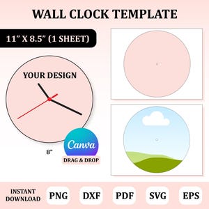 Puede incluir: Una plantilla de reloj de pared con el texto "WALL CLOCK TEMPLATE". El diseño incluye una esfera de reloj con el texto "YOUR DESIGN" y una esfera de reloj con un diseño de paisaje. La plantilla tiene 20,3 cm de diámetro.