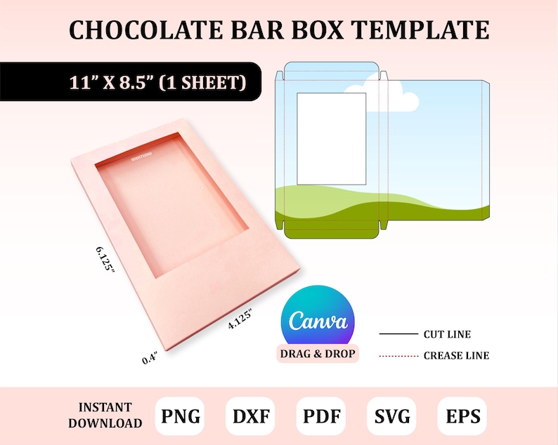 May include: A printable template for a chocolate bar box. The template is 11 inches by 8.5 inches and includes cut and crease lines. The template is designed to be used with Canva, a graphic design platform.