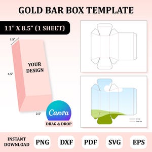 Puede incluir: Una plantilla de caja de barra de oro con el texto "GOLD BAR BOX TEMPLATE" en la parte superior. La plantilla incluye un diseño de barra de oro rosa con el texto "YOUR DESIGN" y medidas de 11,4 cm x 6,4 cm x 3,8 cm. La imagen también incluye el texto "Canva DRAG & DROP" e iconos de tipo de archivo.