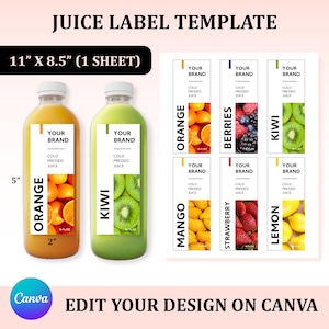 Puede incluir: Plantilla de etiqueta de zumo con dos botellas de zumo, una naranja y otra verde, con etiquetas que dicen "Tu Marca" y "Zumo prensado en frío". La imagen también muestra diseños de etiquetas para naranja, kiwi, bayas, mango, fresa y limón. La hoja de etiquetas mide 27,9 cm x 21,6 cm.