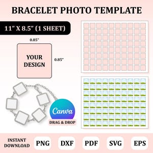 May include: A bracelet photo template with the text "BRACELET PHOTO TEMPLATE". The template includes a bracelet design, a Canva logo, and the text "YOUR DESIGN". The template is 27.9 cm x 21.6 cm (1 SHEET).