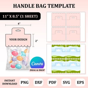 Puede incluir: Plantilla de bolsa con asa con el texto "HANDLE BAG TEMPLATE". La plantilla incluye un diseño de bolsa de 10.16cm x 5.08cm y un tamaño de hoja de 27.94cm x 21.59cm. El diseño es para arrastrar y soltar con Canva. Los formatos de archivo son PNG, DXF, PDF, SVG y EPS.