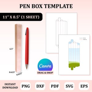 Puede incluir: Una plantilla imprimible para una caja de bolígrafos, que mide 28 cm por 21,5 cm. La plantilla se muestra en color rosa claro con un bolígrafo rojo a su lado. La plantilla está etiquetada como "PEN BOX TEMPLATE" y "11" X 8.5" (1 SHEET)".