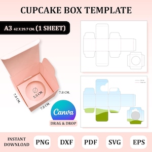 Puede incluir: Una plantilla de caja para cupcakes imprimible en tamaño A3 (42 x 29,7 cm). La plantilla se muestra montada y desmontada con medidas en centímetros. La plantilla está diseñada para usar con Canva, una plataforma de diseño gráfico.