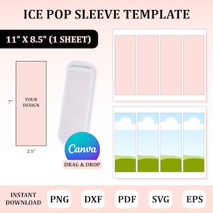 May include: Printable template for ice pop sleeves. The template includes four sleeves, each measuring 2.5 inches wide by 7 inches tall. The template is designed to be printed on an 11 inch by 8.5 inch sheet of paper. The template includes a space for a design and the text "Your Design".