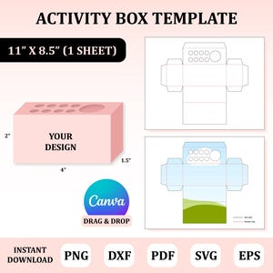 May include: A template for an activity box, featuring a pink rectangular box design with dimensions of 4" x 2" x 1.5". The design includes the text "YOUR DESIGN". The image also shows the box template in a flat, unfolded state, along with the Canva logo and file type options.