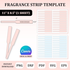 May include: A fragrance strip template with the text "FRAGRANCE STRIP TEMPLATE". The template includes a diagram of a single strip, with dimensions of 5" x 0.5", and a sheet size of 11" x 8.5". The image also includes the Canva logo and file type icons.