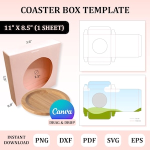 May include: A pink coaster box template with a round window, a wooden coaster, and a diagram. The box is 9.65 cm wide and tall, with a 6.35 cm diameter window. The text reads "COASTER BOX TEMPLATE" and "11" X 8.5" (1 SHEET)".