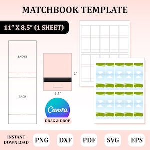May include: A matchbook template design with the text "MATCHBOOK TEMPLATE" at the top. The template includes a matchbook layout, a matchbox design, and a sheet of small image placeholders. The dimensions are 11" x 8.5" (1 sheet). The design includes the Canva logo and the words "DRAG & DROP".