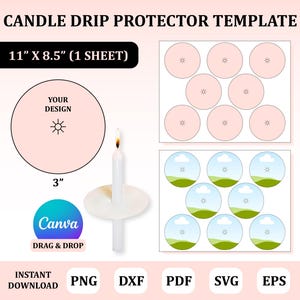 Puede incluir: Una plantilla imprimible para protectores de goteo de velas. La plantilla incluye nueve círculos de 7,6 cm con un diseño de sol y nubes. La plantilla mide 27,9 cm por 21,6 cm y está diseñada para imprimirse en una hoja de papel. El texto "CANDLE DRIP PROTECTOR TEMPLATE" y "11" X 8.5" (1 SHEET)" está en la parte superior de la imagen. El texto "YOUR DESIGN" está en uno de los círculos. El texto "3" está debajo del círculo. El texto "Canva DRAG & DROP" está debajo del círculo. El texto "INSTANT DOWNLOAD PNG DXF PDF SVG EPS" está en la parte inferior de la imagen.