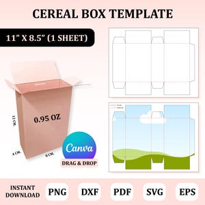 Cereal Box Template, 0.95oz Cereal Box Template, Cereal Box Packaging, Cereal Box SVG, Cereal Box Canva Template, Party Box Template