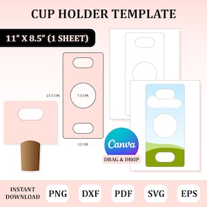 Può includere: Un modello digitale per portabicchieri, con vari design e dimensioni. Il modello principale misura 27,9 cm x 21,6 cm e include misure in centimetri. L'immagine mostra anche il logo Canva e le opzioni di tipo di file: PNG, DXF, PDF, SVG ed EPS.