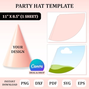 Könnte beinhalten: Eine Partyhut-Vorlage in Pfirsichfarbe mit einem konischen Design. Der Text "YOUR DESIGN" ist auf dem Hut zu sehen. Die Vorlage ist 27,9 cm x 21,6 cm groß und bietet Formate wie PNG, DXF, PDF, SVG und EPS. Das Canva-Logo ist ebenfalls vorhanden.
