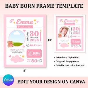 Baby Born Frame Template, Birth Announcement Template, Baby Announcement Template, Newborn Photo Template, Announcement Canva Template