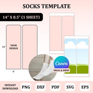 Könnte beinhalten: Eine Socken-Vorlage mit dem Text "SOCKS TEMPLATE". Die Vorlage ist 35,56 cm x 21,59 cm (1 Blatt) groß und enthält einen Designbereich von 30,48 cm x 10,16 cm. Das Bild enthält auch den Text "YOUR DESIGN" und "Canva DRAG & DROP".