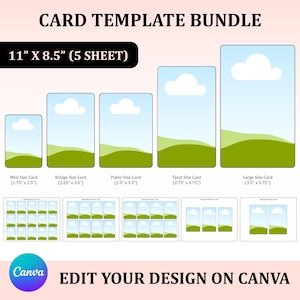 Può includere: Un pacchetto di modelli di carte di varie dimensioni, tra cui mini, bridge, poker, tarocchi e carte grandi. Ogni design della carta presenta un cielo con una nuvola e un paesaggio verde. Il testo "CARD TEMPLATE BUNDLE" e "EDIT YOUR DESIGN ON CANVA" sono visibili.
