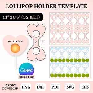 以下が含まれることがあります： ハート型のデザインのロリポップホルダーのテンプレート。テンプレートには、サンプルロリポップのデザイン、4インチと2インチの寸法のハート型のホルダー、および複数のホルダーレイアウトが含まれています。テキストには「LOLLIPOP HOLDER TEMPLATE」、「11インチX 8.5インチ（1シート）」、および「Canva DRAG＆DROP」が含まれています。