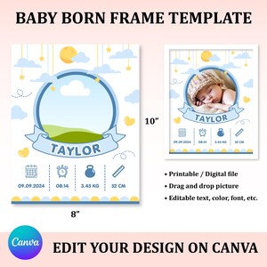 Baby Born Frame Template, Birth Announcement Template, Baby Announcement Template, Newborn Photo Template, Announcement Canva Template