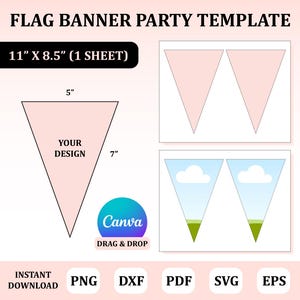 May include: A printable template for a flag banner party decoration. The template includes two designs: one with a blank space for customization and another with a cloud and grass design. The template is 11 inches by 8.5 inches and is designed to be printed on a single sheet of paper.