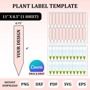 Pode incluir: Modelo de etiqueta de planta com o texto "PLANT LABEL TEMPLATE". O modelo inclui etiquetas de plantas com 10,16 cm de altura e 1,9 cm de largura. O modelo tem 27,94 cm x 21,59 cm e está disponível para download instantâneo em PNG, DXF, PDF, SVG e EPS.