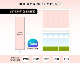May include: A printable bookmark template with a design area measuring 2 inches by 7 inches. The template is designed to fit on an 11 inch by 8.5 inch sheet of paper. The template includes a design area with the text "Your Design" and a Canva logo with the text "Drag & Drop".