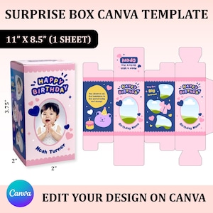 Surprise Box Template, Surprise Box Canva Template, Birthday Gift Box Template, Birthday Box Template, Canva Box Template, Custom Box