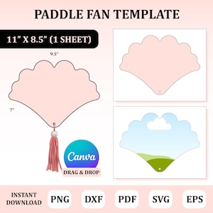 Puede incluir: Una plantilla de abanico con borde festoneado y dimensiones de 24,13 cm por 17,78 cm. El archivo digital incluye una forma de abanico rosa con una borla, un icono de arrastrar y soltar de Canva y formatos PNG, DXF, PDF, SVG y EPS.
