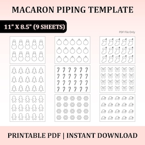 Peut inclure: Gabarit de piping pour macarons en PDF imprimable, avec des motifs de Noël : bonhommes de neige, boules, chaussettes, sapins, cannes en sucre, nœuds, bonhommes en pain d'épices, flocons et bonnets de Père Noël. Dimensions : 27,9 cm x 21,6 cm, 9 feuilles.