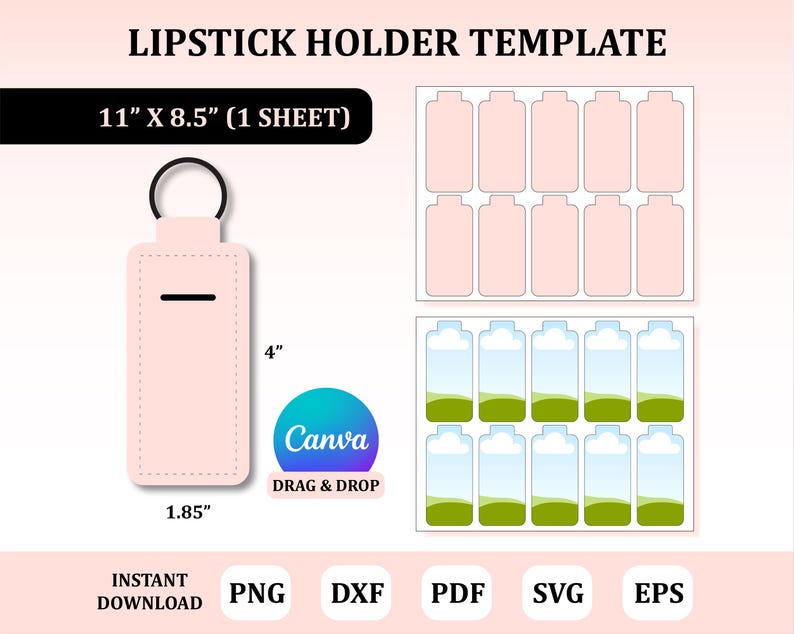 Puede incluir: Una plantilla imprimible para un llavero de porta-labiales. La plantilla incluye una hoja de 28 cm por 21,5 cm con 12 dise&ntilde;os de porta-labiales. El dise&ntilde;o es rosa e incluye un porta-labiales de 10 cm por 4,7 cm con un llavero.