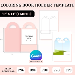 May include: A pink coloring book holder template with dimensions of 17" x 11" (43.18 cm x 27.94 cm). The holder is designed to accommodate a 4" x 6" (10.16 cm x 15.24 cm) coloring book. The design includes a handle and the text "COLORING BOOK".