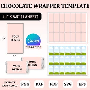 Könnte beinhalten: Eine Schokoladenverpackungsvorlage mit dem Text "CHOCOLATE WRAPPER TEMPLATE". Die Vorlage enthält einen Designbereich von 6,6 cm x 3,6 cm und ein größeres Blatt von 27,9 cm x 21,6 cm. Die Vorlage ist als Sofort-Download in den Formaten PNG, DXF, PDF, SVG und EPS verfügbar.