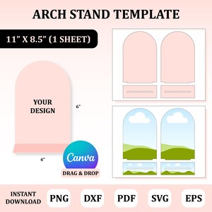 以下が含まれることがあります： 「ARCH STAND TEMPLATE」の文字が入ったピンク色のアーチスタンドテンプレート。テンプレートのサイズは27.9cm x 21.6cmで、「YOUR DESIGN」の文字も含まれています。Canvaのロゴが見えます。ファイル形式はPNG、DXF、PDF、SVG、EPSです。
