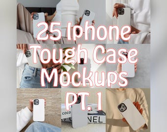 Può includere: 25 Mockup di custodie resistenti per iPhone PT. 1. Un collage di immagini che mostrano diversi modi per visualizzare le custodie per iPhone. Le custodie sono bianche e hanno una superficie vuota per la personalizzazione.