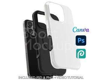 Iphone 16 PRO Tough Phone Case Mockup PSD PNG Canva Photoshop Photopea Files Printify Drag And Drop Template Instant Download Mockup Cover